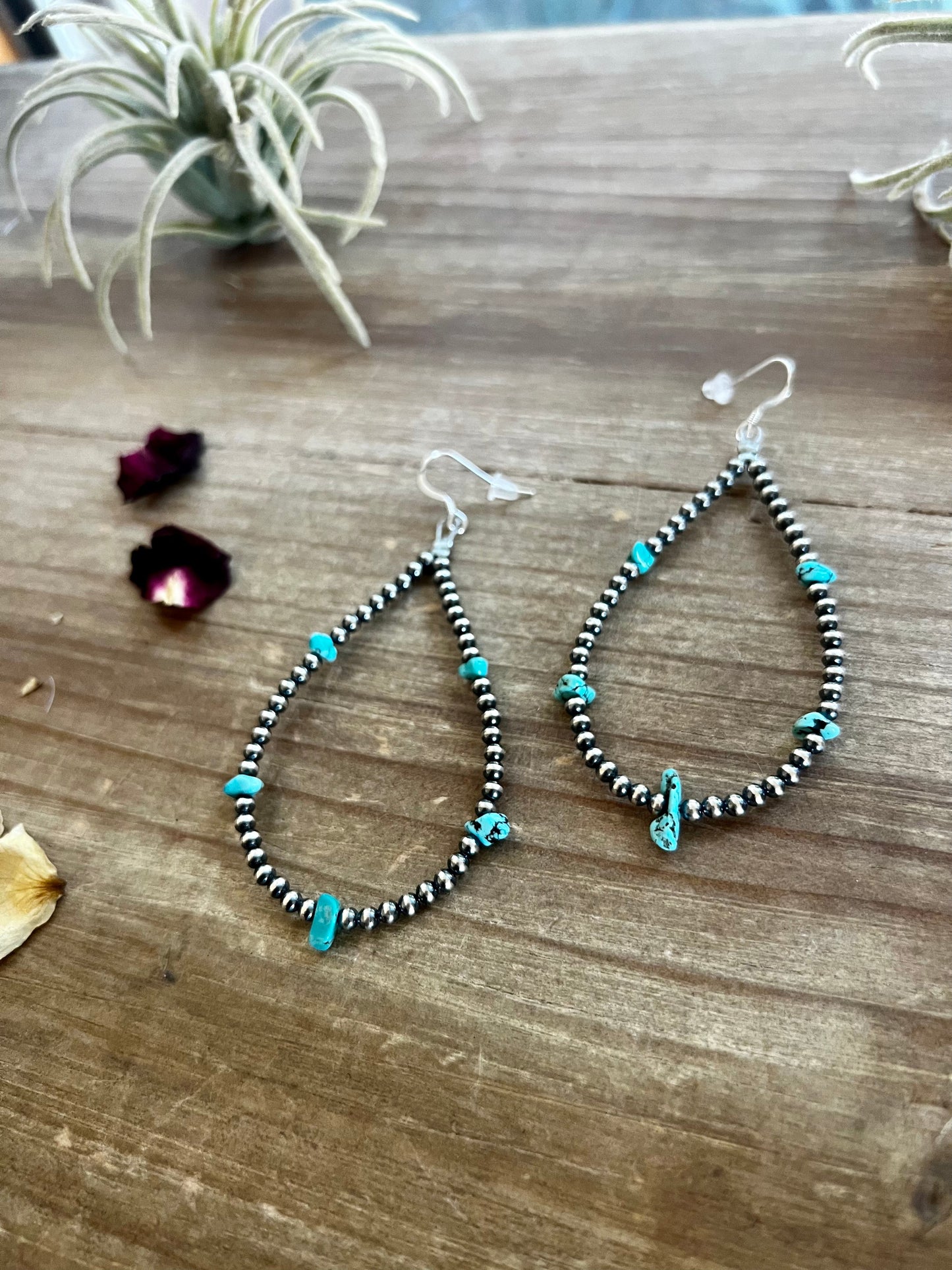 3 mm teardrop earrings Sterling Silver pearls with blue turquoise nuggets