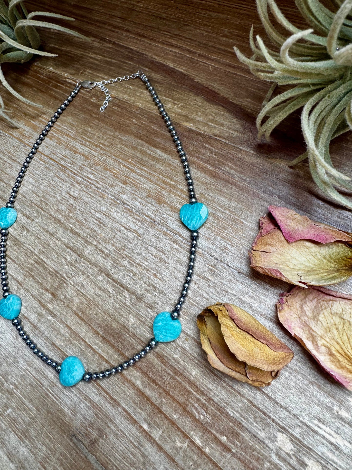 15-Inch Peruvian Amazonite Heart Necklace – 5 Hearts, Handmade with Sterling Silver Pearls