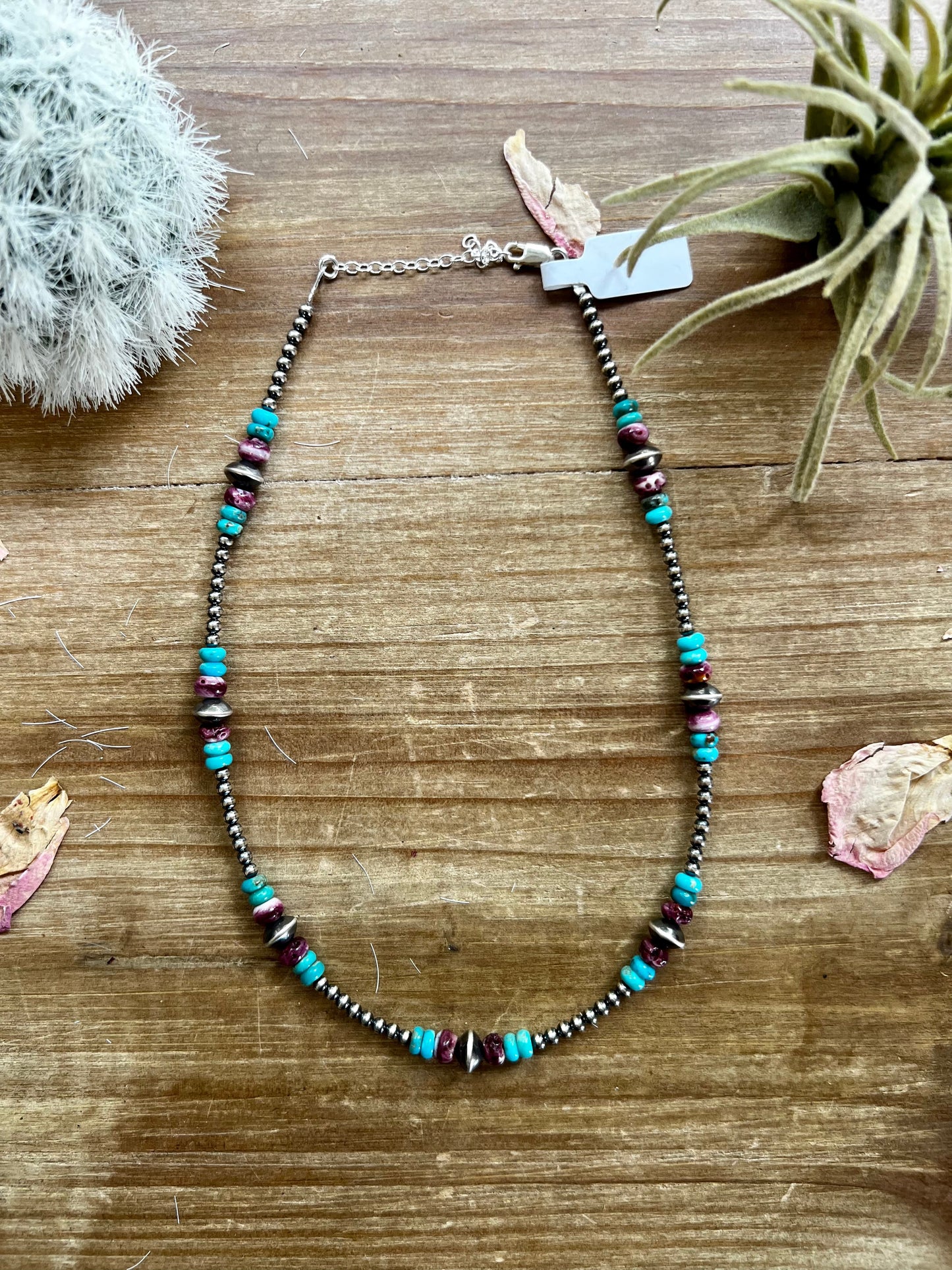 Sterling Silver Pearls choker with real turquoise and purple spiny oyster