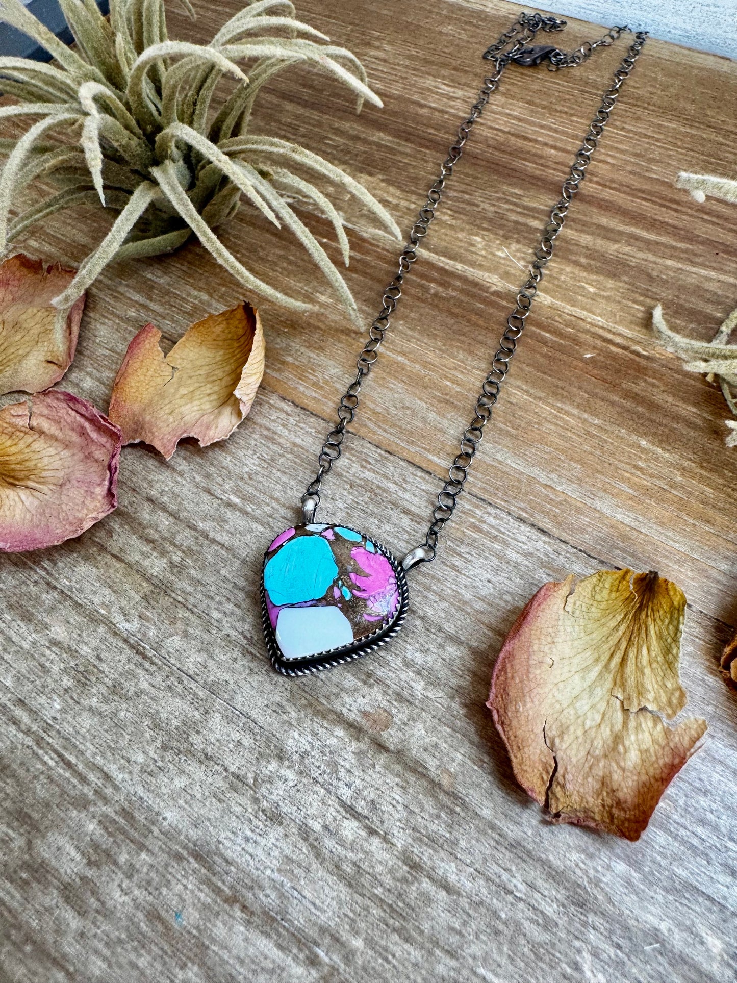 Cotton Candy Turquoise Bar Necklace – Freeform Shape – 18" Sterling Chain – Tia Long, Navajo Handmade