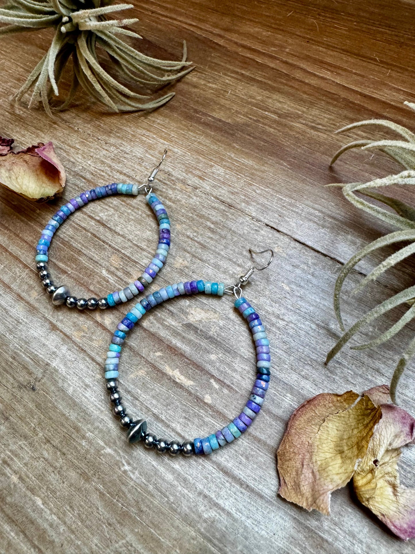 Hoop Earrings with Purple Dolomite Heishi & Sterling Silver Pearls