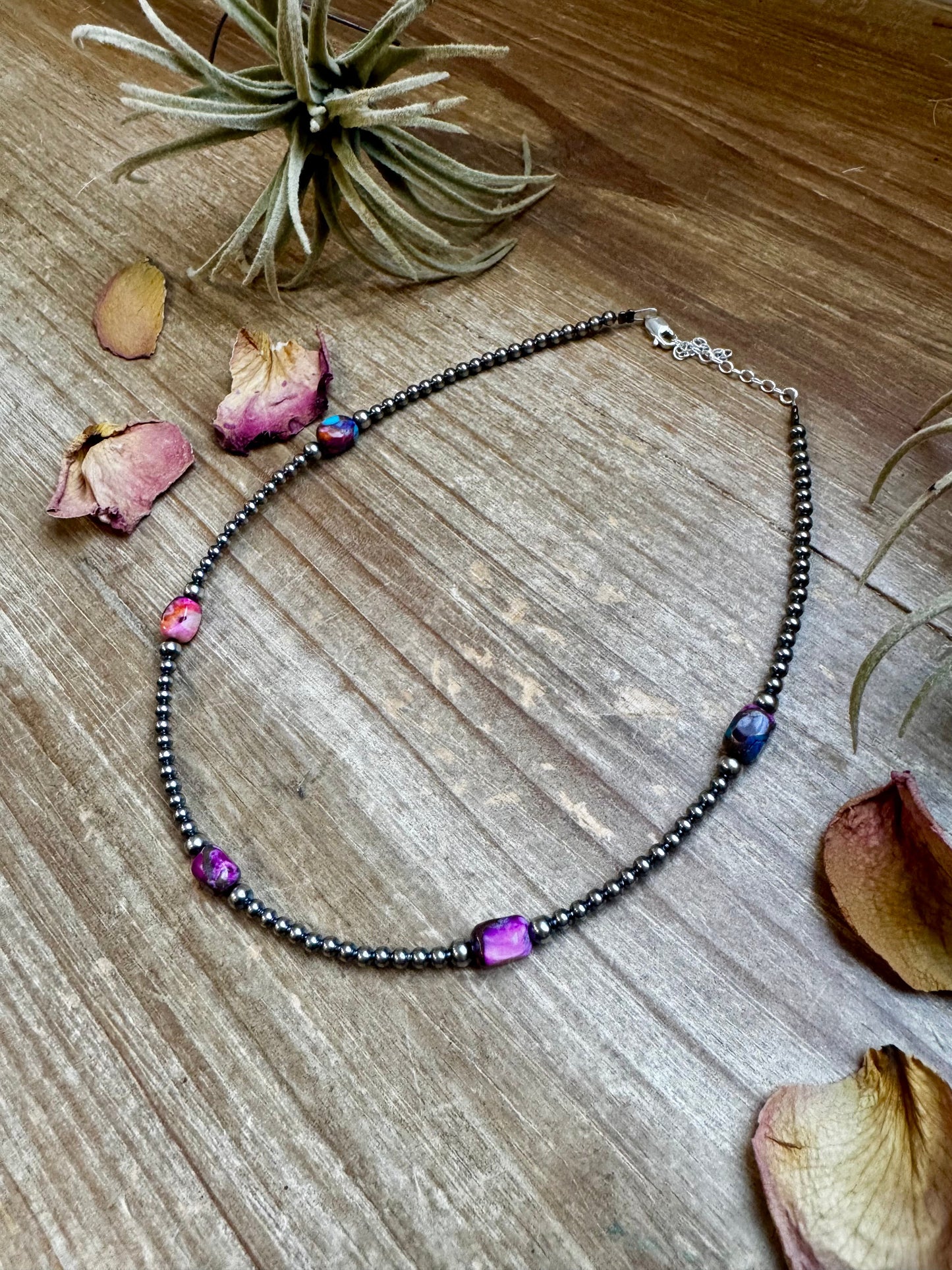 5 Pink dye Turquoise Choker and Sterling Silver Pearls