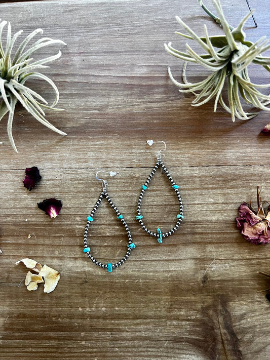 3 mm teardrop earrings Sterling Silver pearls with blue turquoise nuggets