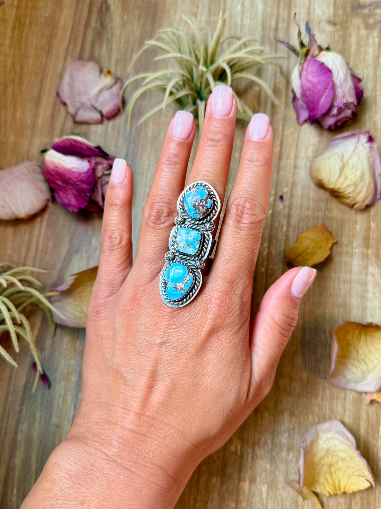 3-Stone Golden Hills Turquoise Sterling Silver Ring – Adjustable