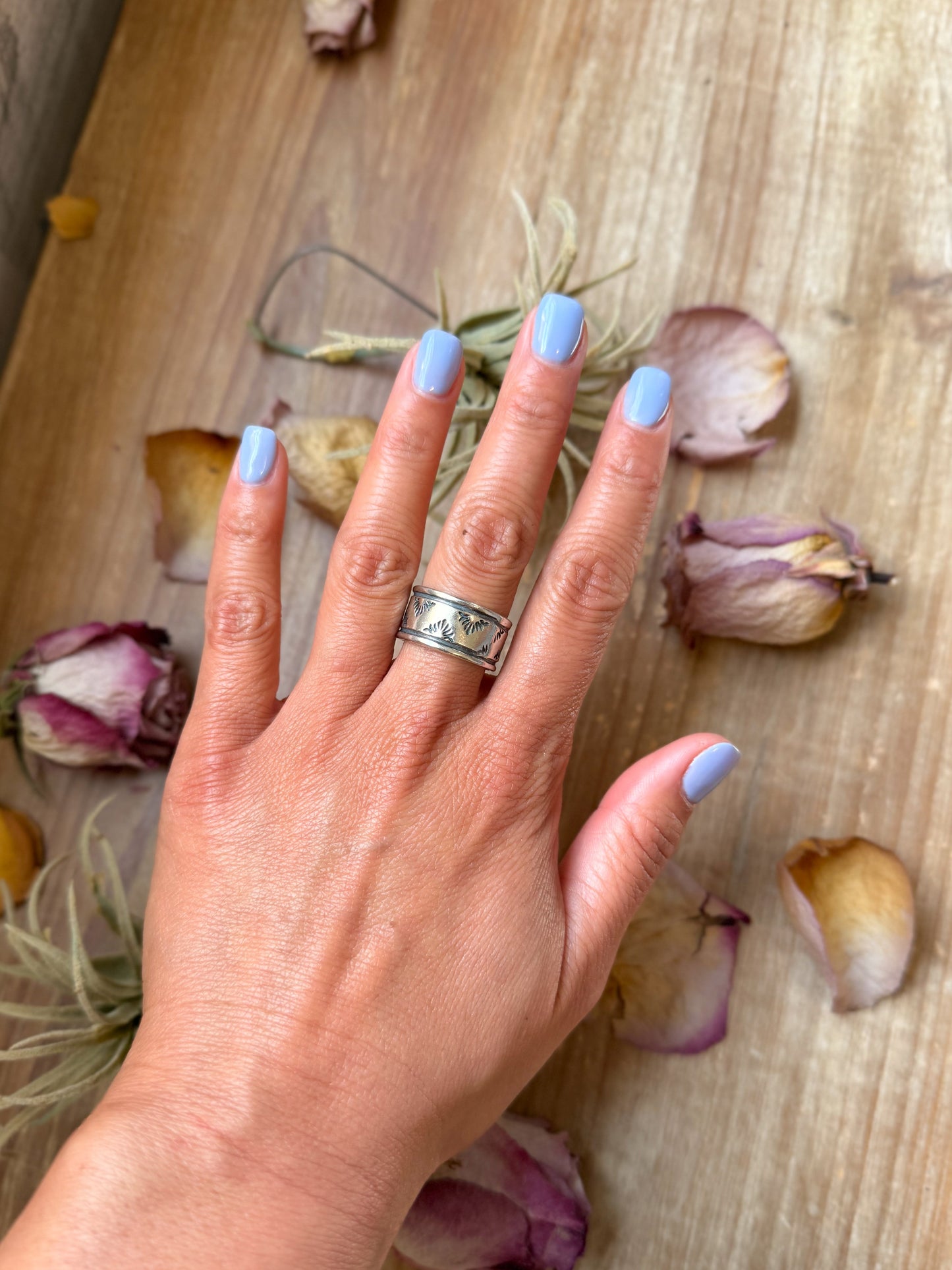 Sterling Silver Hand-Milled Wide Band Aloe Stamped Ring – Size 8.5 – Handmade by Artist Jason Ogg